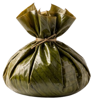 Tamal tolimense servido, envuelto en hoja de plátano