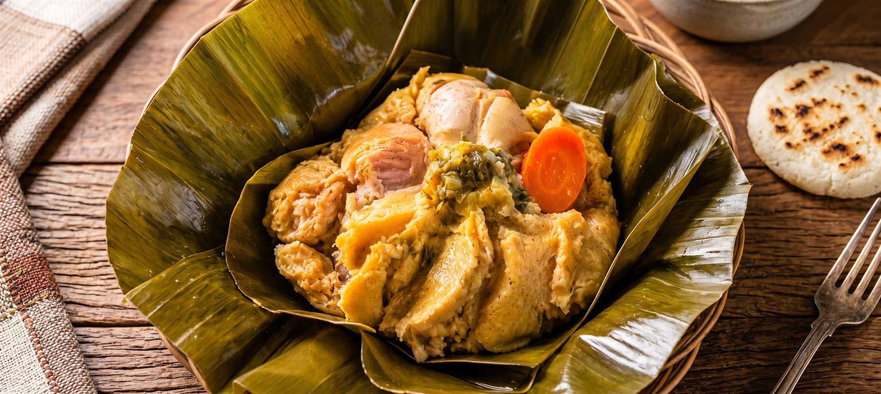 Tamal Tolimense abierto sobre hoja de plátano, con arepa al lado